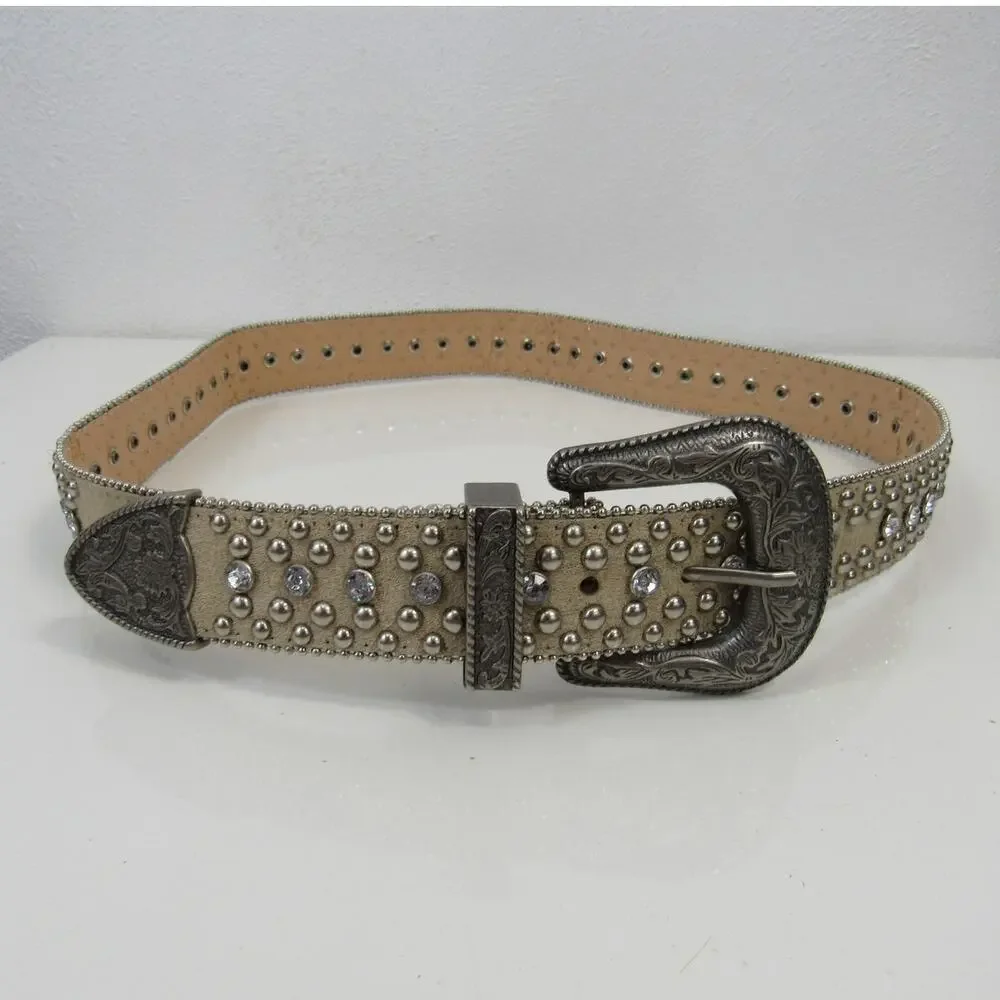 GUESS Jade Western Belt Studded Cream Brushed Silver Size Medium Cowgirl